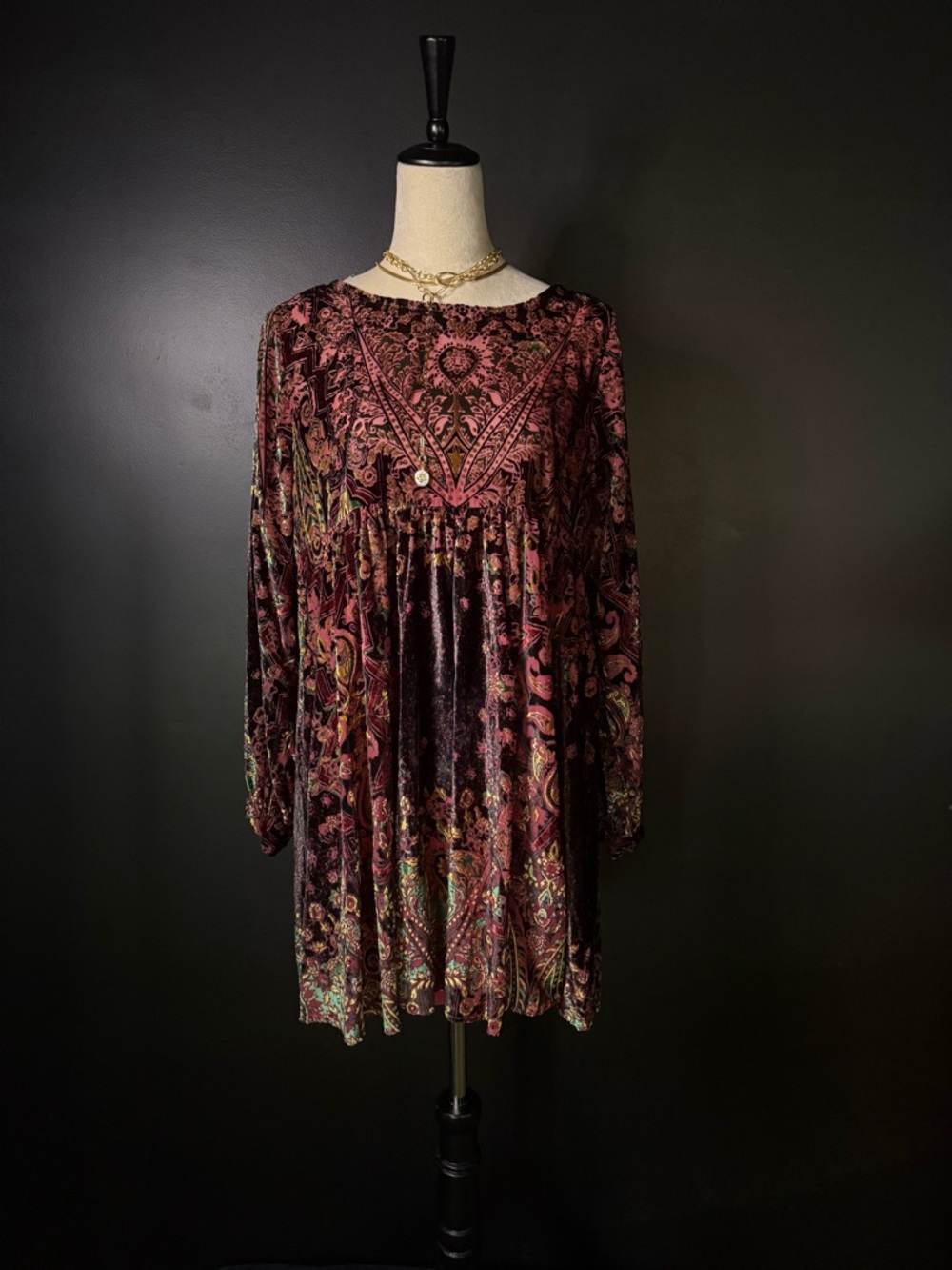 Free People Velvet Paisley Mini Dress in Burgundy Plum - Picture 2 of 4